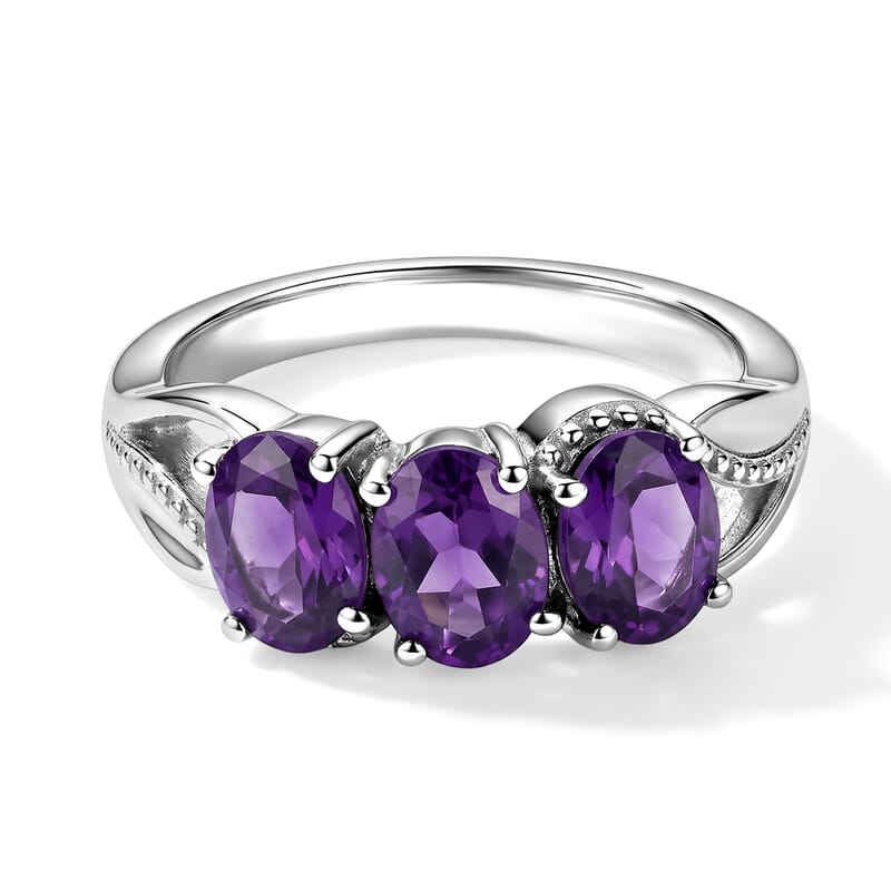 EverTrue African Amethyst 2.10 ctw 3 Stone Ring in Stainless Steel (Size 6.0)