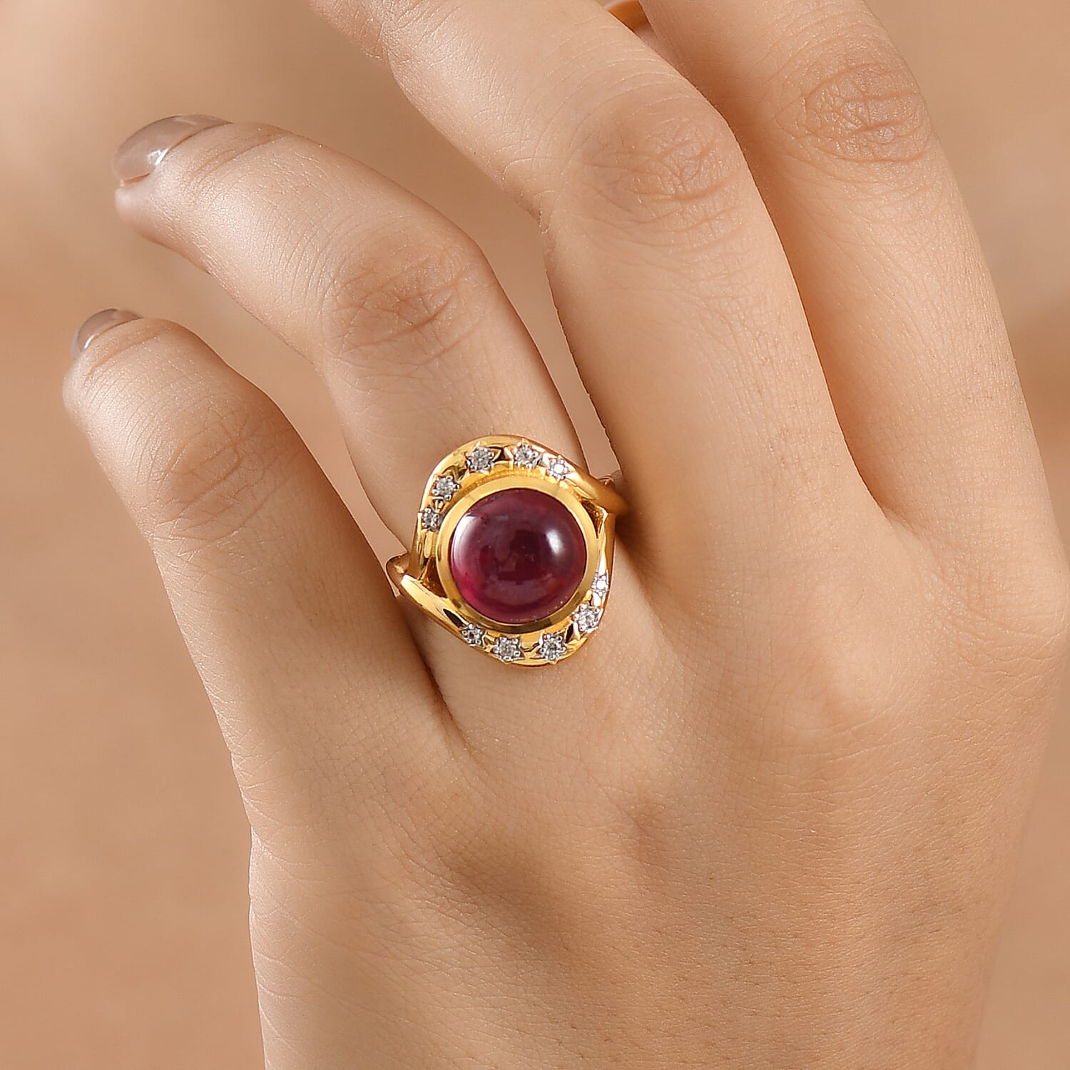 GP Niassa Ruby (FF) and White Zircon 10.70 ctw Ring in 18K Vermeil Yellow Gold Over Sterling Silver (Size 7.0)