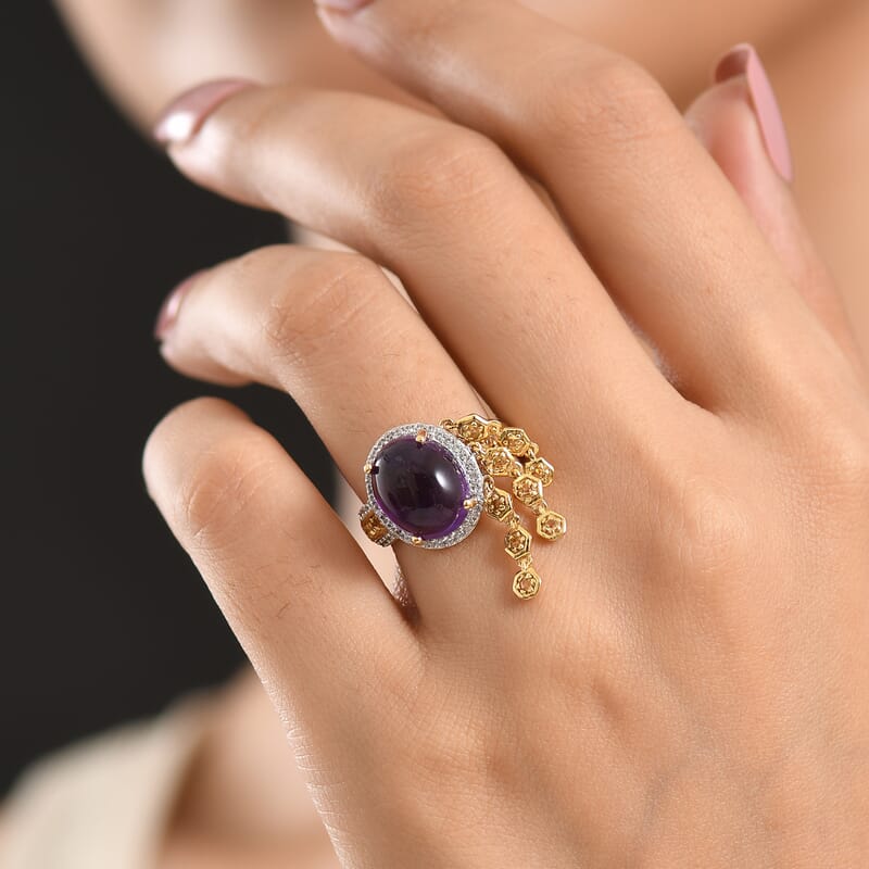 GP African Amethyst and Multi Gemstone 6.30 ctw Ring in 18K Vermeil Yellow Gold Over Sterling Silver (Size 6.0)