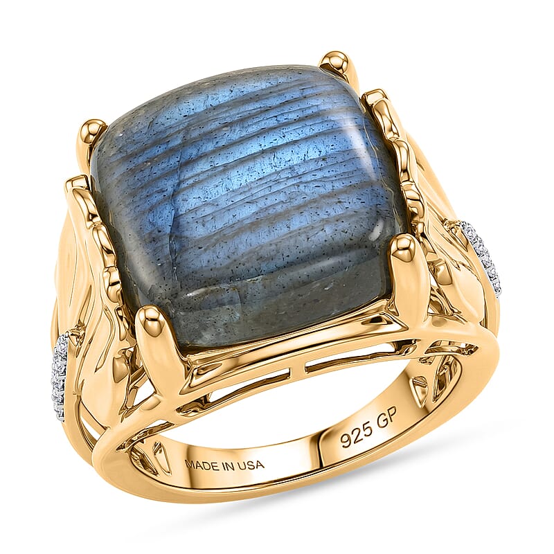 GP AAA Malagasy Labradorite and White Zircon 10.90 ctw Ring in 18K Vermeil Yellow Gold Over Sterling Silver (Size 6.0)