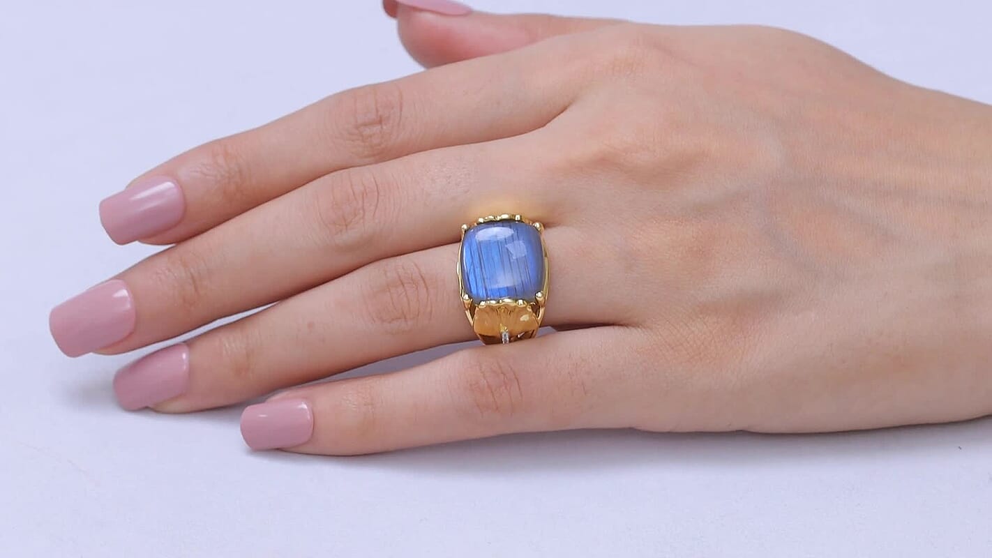 GP AAA Malagasy Labradorite, White Zircon Ring in 18K Vermeil YG Over Sterling Silver (Size 6.0) 10.90 ctw