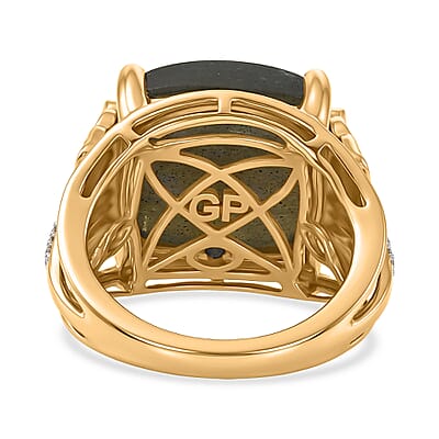 GP AAA Malagasy Labradorite and White Zircon 10.90 ctw Ring in 18K Vermeil Yellow Gold Over Sterling Silver (Size 6.0)