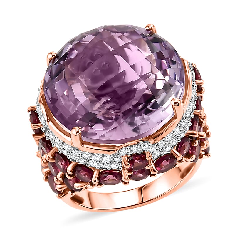 GP Checkerboard Cut Rose De France Amethyst and Multi Gemstone 28.40 ctw Ring in 18K Vermeil Rose Gold Over Sterling Silver (Size 6.0)