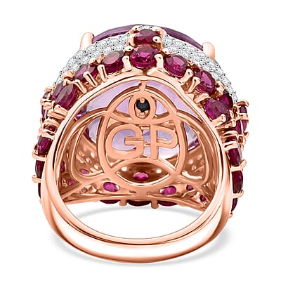 GP Checkerboard Cut Rose De France Amethyst and Multi Gemstone 28.40 ctw Ring in 18K Vermeil Rose Gold Over Sterling Silver (Size 6.0)