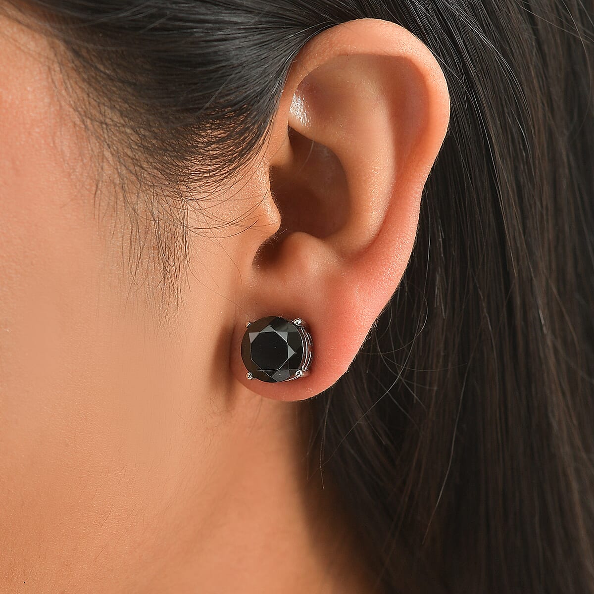 EverTrue Thai Black Spinel 9.40 ctw Solitaire Stud Earrings in Stainless Steel image number 2