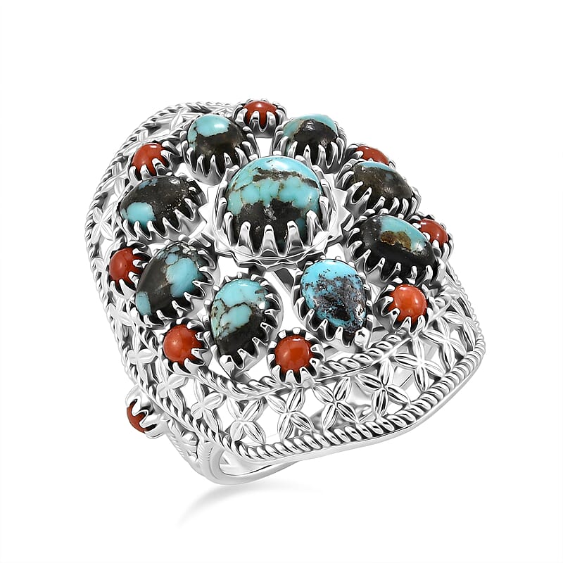 D'Joy Premium Blue Moon Turquoise 4.50 ctw and Coral Ring in Sterling Silver (Size 10.0)