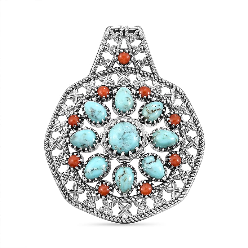 D'Joy Artisan Crafted Premium Blue Moon Turquoise and Coral 4.65 ctw Pendant without Chain in Sterling Silver