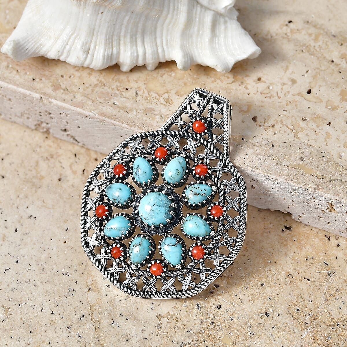 D'Joy Artisan Crafted Premium Blue Moon Turquoise and Coral 4.65 ctw Pendant without Chain in Sterling Silver image number 1