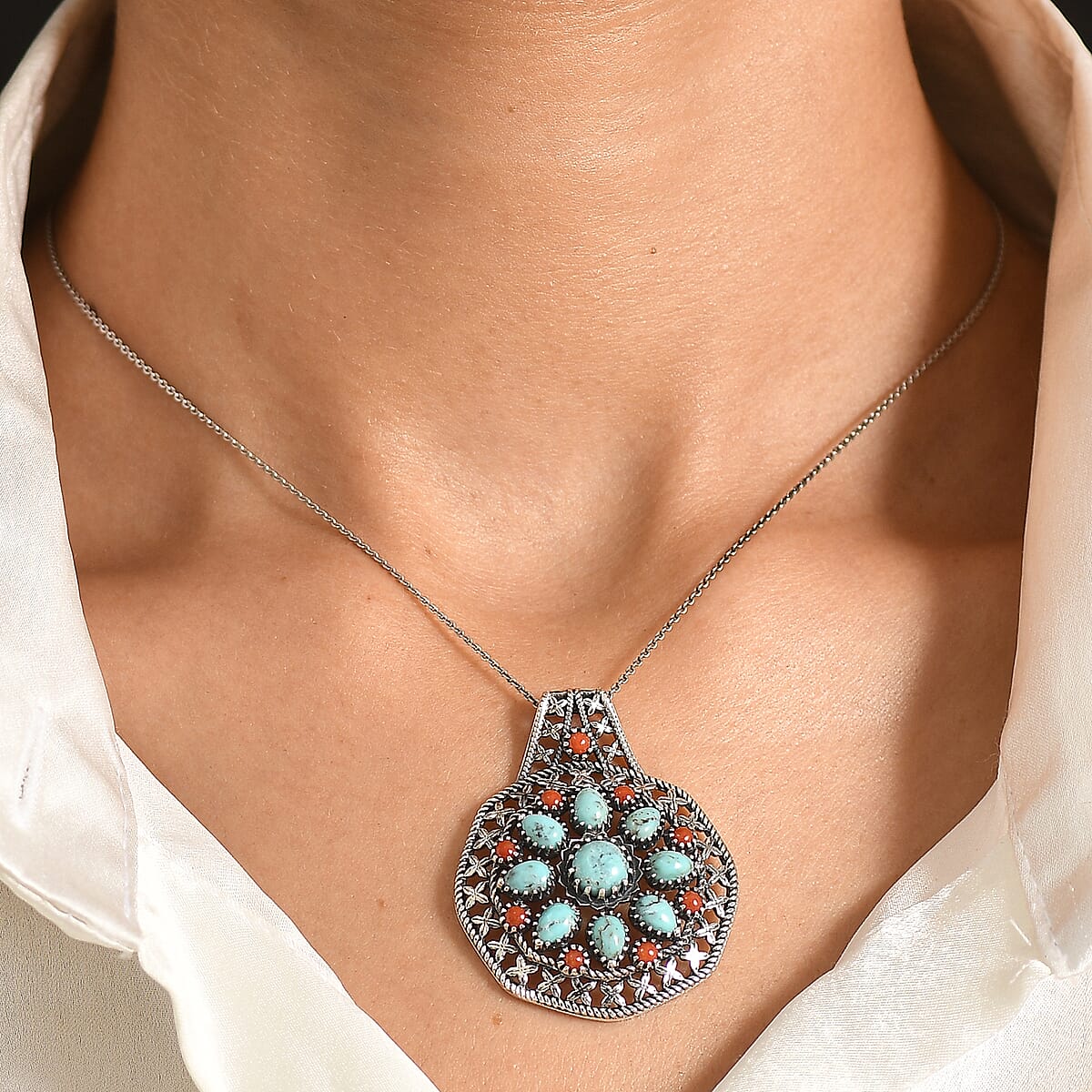 D'Joy Artisan Crafted Premium Blue Moon Turquoise and Coral 4.65 ctw Pendant without Chain in Sterling Silver image number 2
