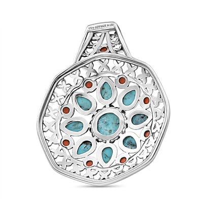 D'Joy Artisan Crafted Premium Blue Moon Turquoise and Coral 4.65 ctw Pendant without Chain in Sterling Silver