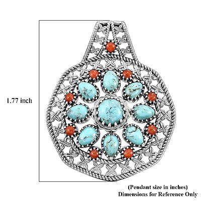 D'Joy Artisan Crafted Premium Blue Moon Turquoise and Coral 4.65 ctw Pendant without Chain in Sterling Silver