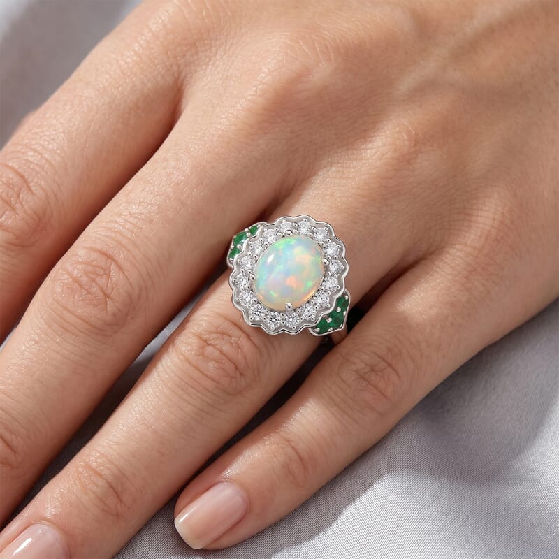 D'Joy Premium Ethiopian Welo Opal and Multi Gemstone 2.00 ctw Opaline Blossom Ring in Rhodium Over Sterling Silver (Size 7.0)