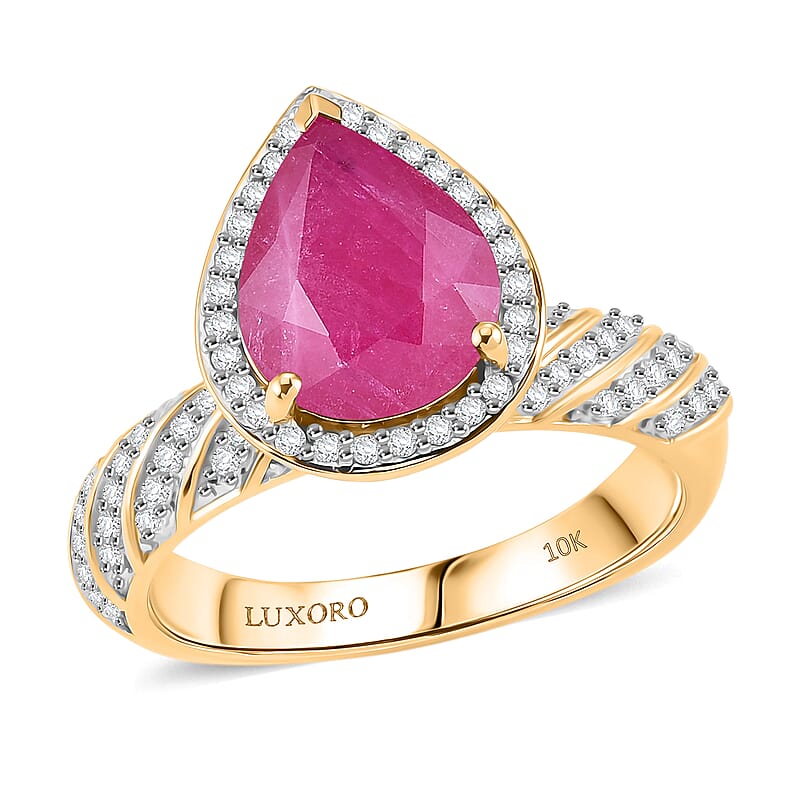 Luxoro AAA Montepuez Ruby and I2 Diamond 3.00 ctw Twisted Flame Ring in 10K Yellow Gold (Size 6.0) 4.15 Grams