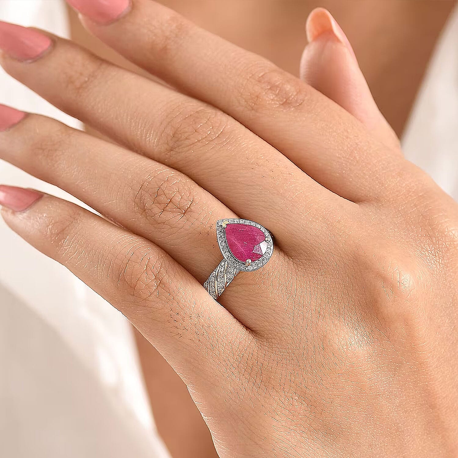 Luxoro AAA Montepuez Ruby and I2 Diamond 3.00 ctw Twisted Flame Ring in 10K Yellow Gold (Size 6.0) 4.15 Grams