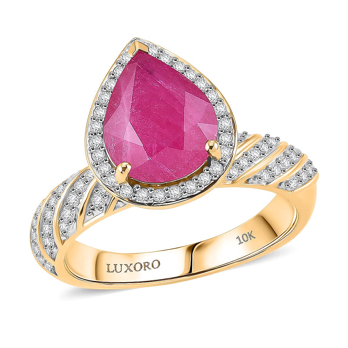 Luxoro AAA Montepuez Ruby and I2 Diamond 3.00 ctw Twisted Flame Ring in 10K Yellow Gold (Size 7.0) 4.15 Grams