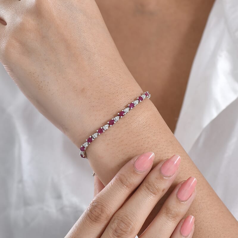 D'Joy Premium Montepuez Ruby and Moissanite 5.85 ctw Scarlet Link Bracelet in Rhodium Over Sterling Silver (7.25 In)