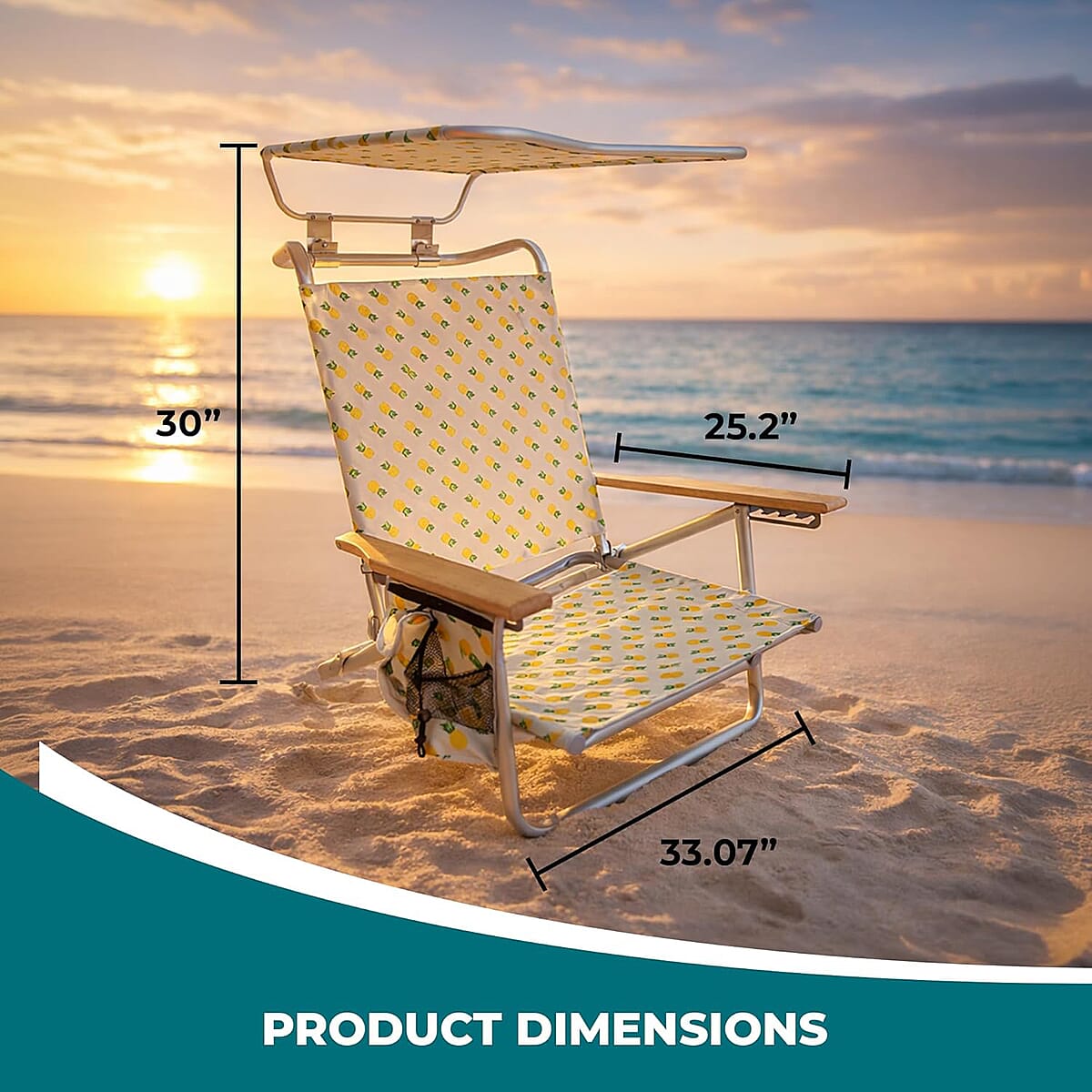 Bliss Set of 4 Folding Beach Chairs with Canopy, Pocket, Cup Holder & Carry Straps - Pineapple image number 1