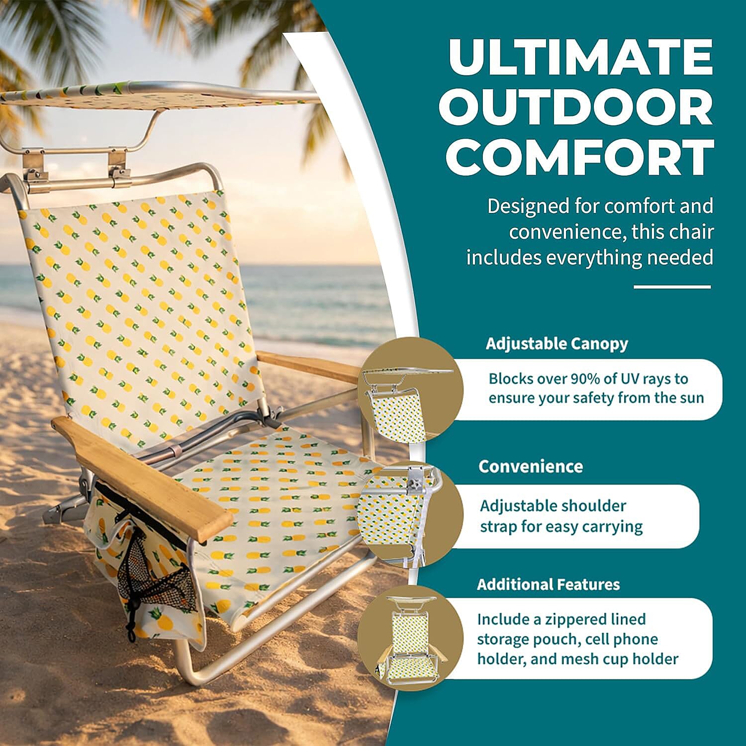 Bliss Set of 4 Folding Beach Chairs with Canopy, Pocket, Cup Holder & Carry Straps - Pineapple
