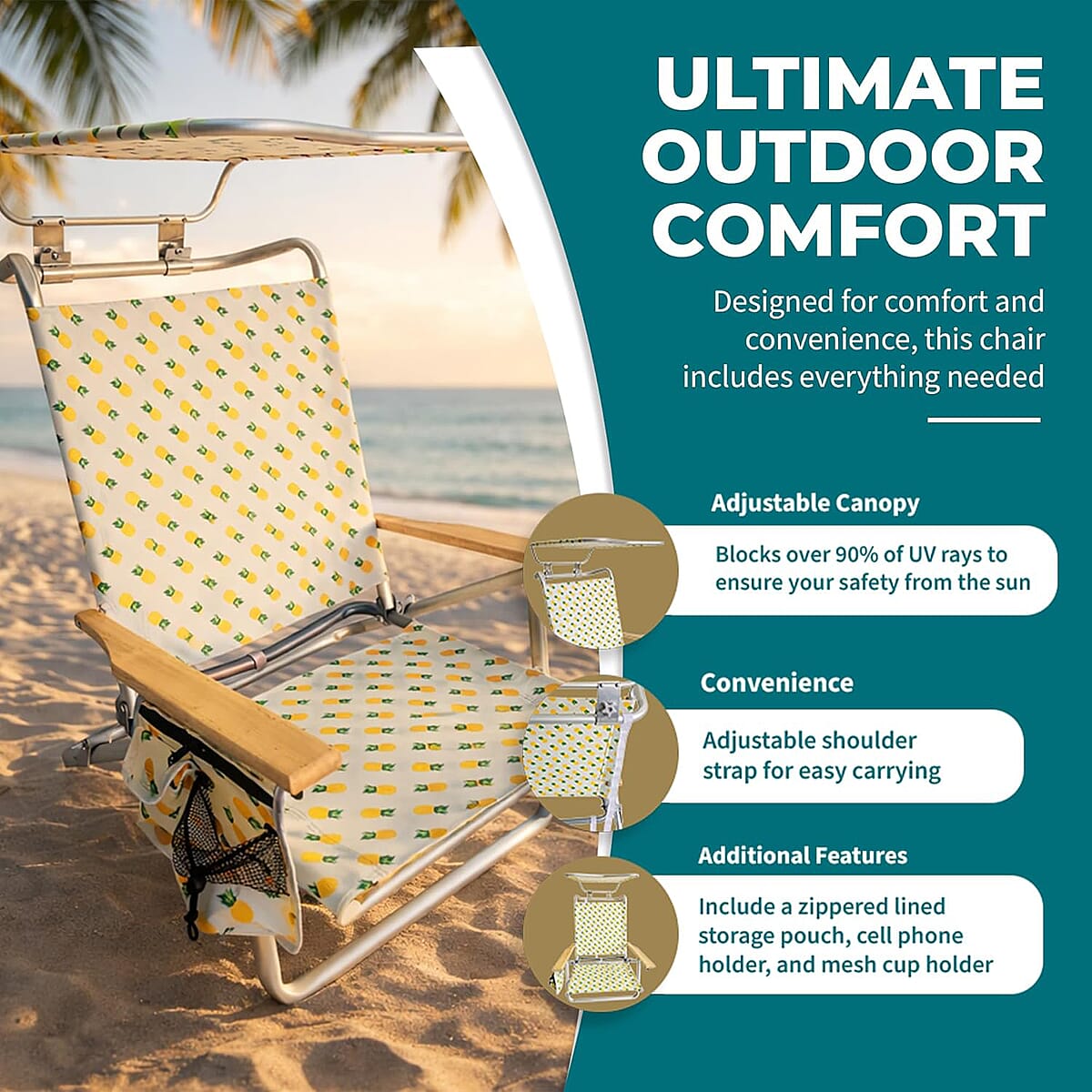 Bliss Set of 4 Folding Beach Chairs with Canopy, Pocket, Cup Holder & Carry Straps - Pineapple image number 3