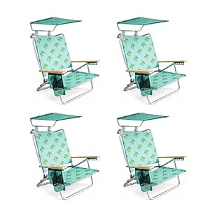 Bliss Set of 4 Folding Beach Chairs with Canopy, Pocket, Cup Holder & Carry Straps - Palm Tree