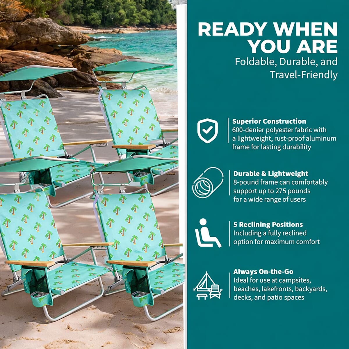 Bliss Set of 4 Folding Beach Chairs with Canopy, Pocket, Cup Holder & Carry Straps - Palm Tree image number 1