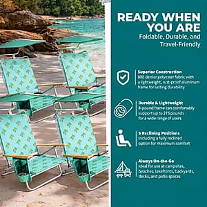 Bliss Set of 4 Folding Beach Chairs with Canopy, Pocket, Cup Holder & Carry Straps - Palm Tree