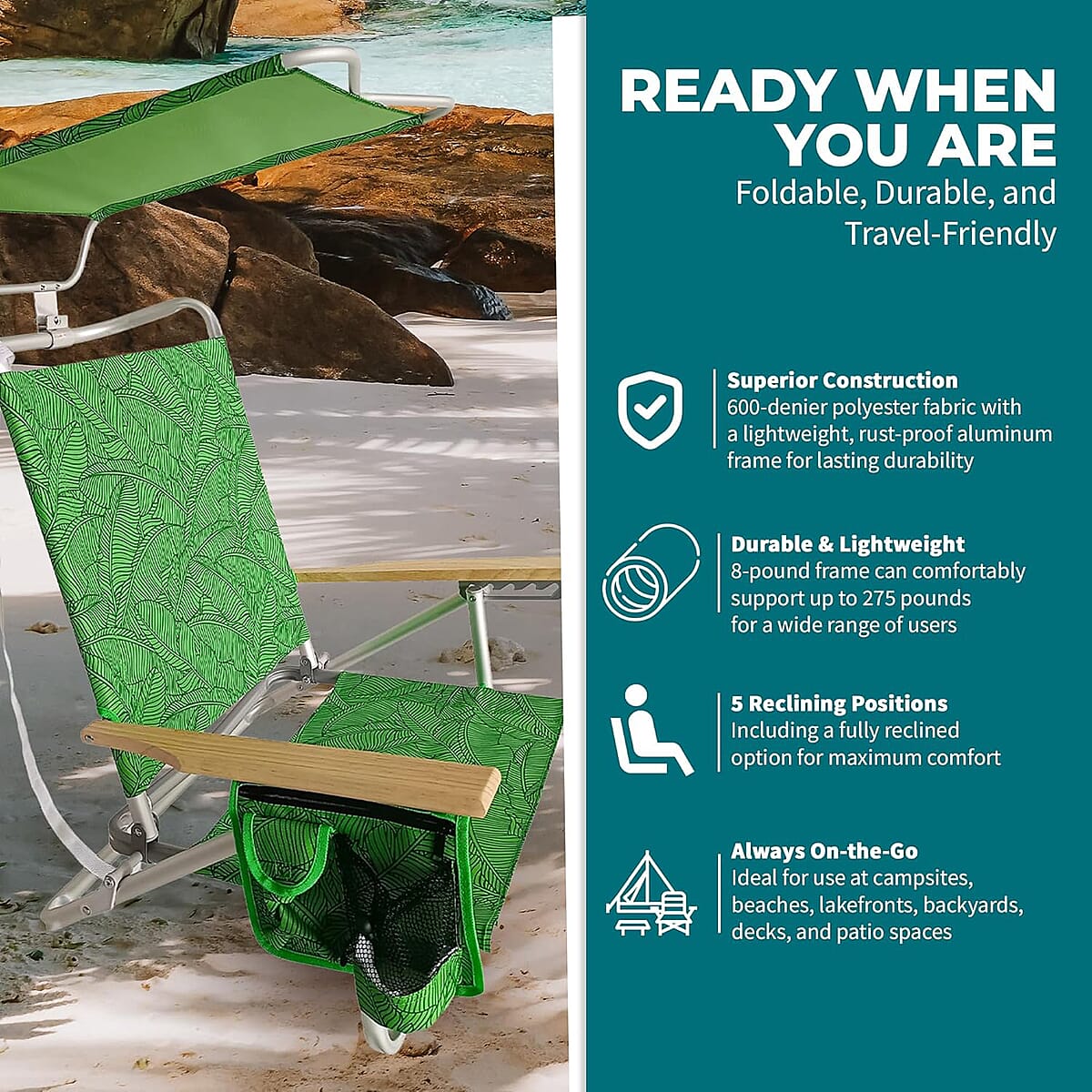 Bliss Set of 4 Folding Beach Chairs with Canopy, Pocket, Cup Holder & Carry Straps - Green Banana Leaves image number 1