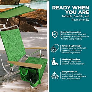 Bliss Set of 4 Folding Beach Chairs with Canopy, Pocket, Cup Holder & Carry Straps - Green Banana Leaves