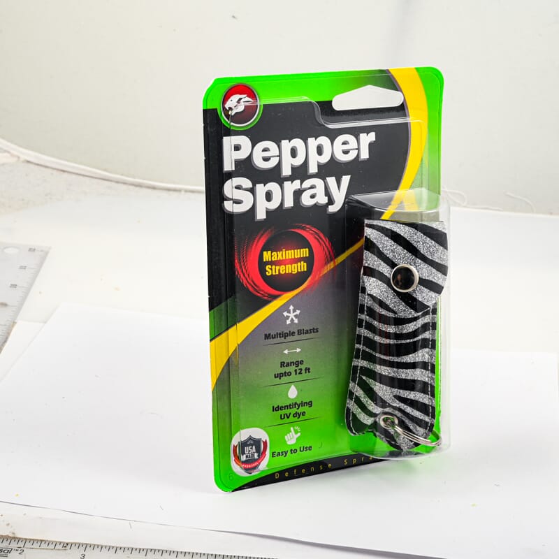 Black & Gray Zebra Print Pepper Spray with Faux Leather Holder and Key Ring