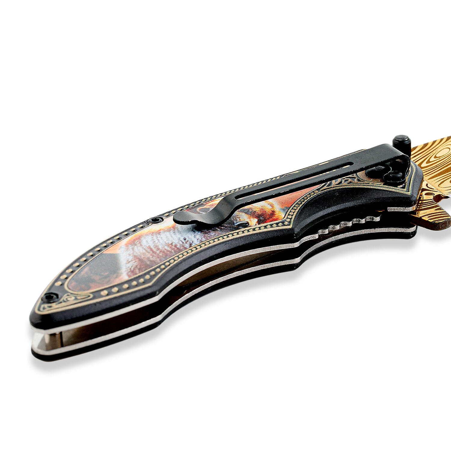 Razor Tactical Bear Pattern Gold Titanium Blade Folding Knife