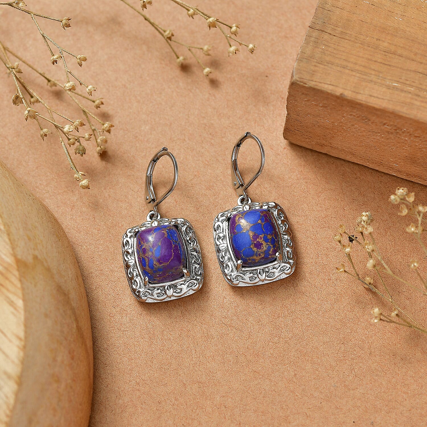 EverTrue Mojave Purple Turquoise 11.40 ctw Lever Back Earrings in Stainless Steel