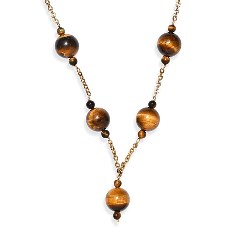 EverTrue Tiger's Eye 195.00 ctw Beaded Necklace in ION Plated YG Stainless Steel 20-22 Inches