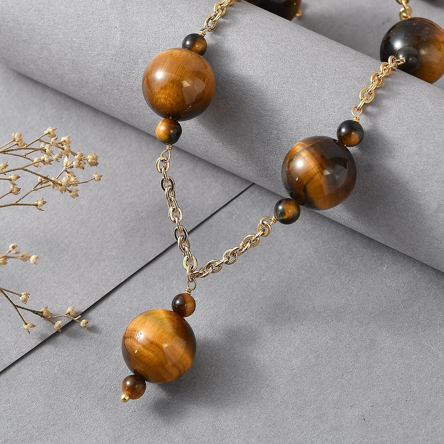 EverTrue Tiger's Eye 195.00 ctw Beaded Necklace in ION Plated YG Stainless Steel 20-22 Inches