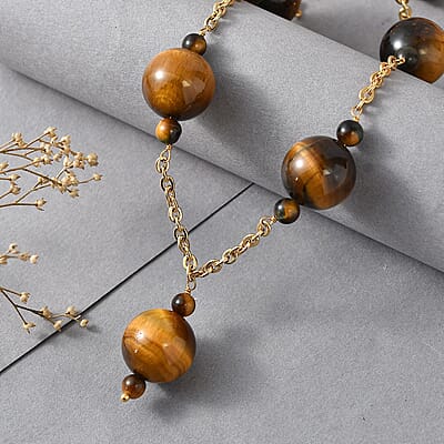 EverTrue Tiger's Eye 195.00 ctw Beaded Necklace in ION Plated YG Stainless Steel 20-22 Inches