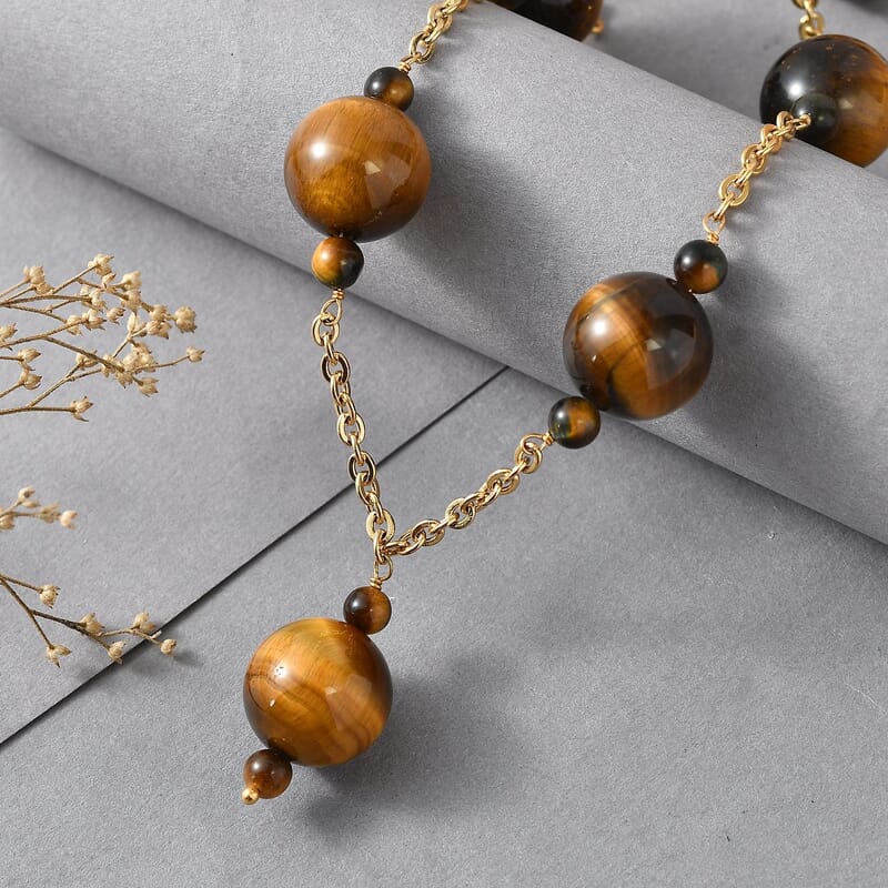 EverTrue Tiger's Eye 195.00 ctw Beaded Station Necklace in ION Plated YG Stainless Steel 20-22 Inches