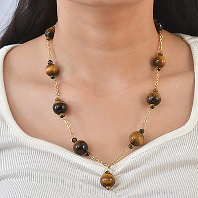EverTrue Tiger's Eye 195.00 ctw Beaded Necklace in ION Plated YG Stainless Steel 20-22 Inches