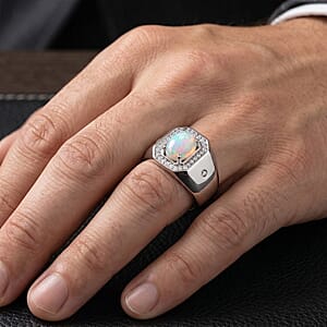 Premium Ethiopian Welo Opal and Luxuriant Lab Grown Diamond G-H SI 1.00 ctw Men's Ring in Rhodium Over Sterling Silver (Size 10.0)