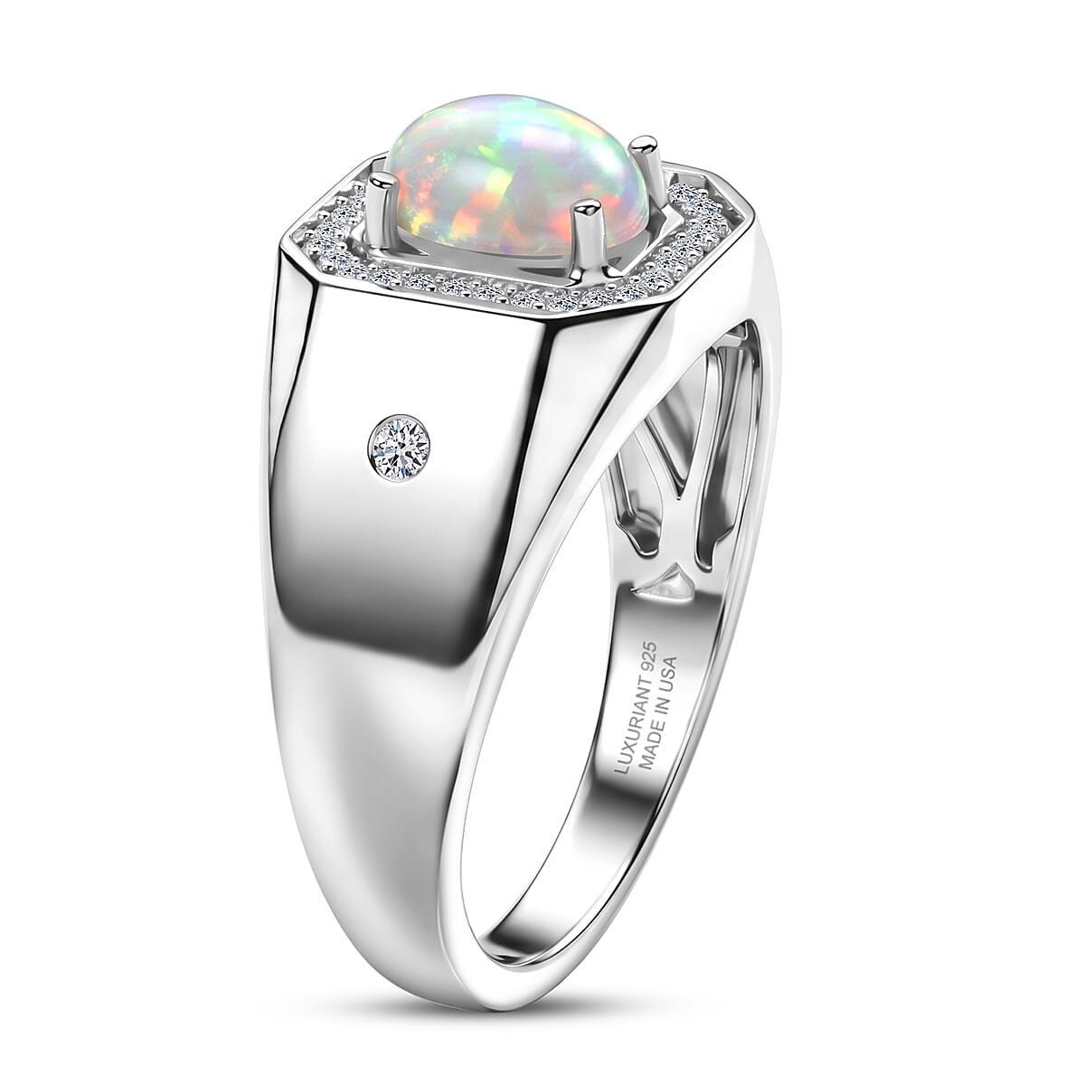 Premium Ethiopian Welo Opal and Luxuriant Lab Grown Diamond G-H SI 1.00 ctw Men's Ring in Rhodium Over Sterling Silver (Size 10.0) image number 3
