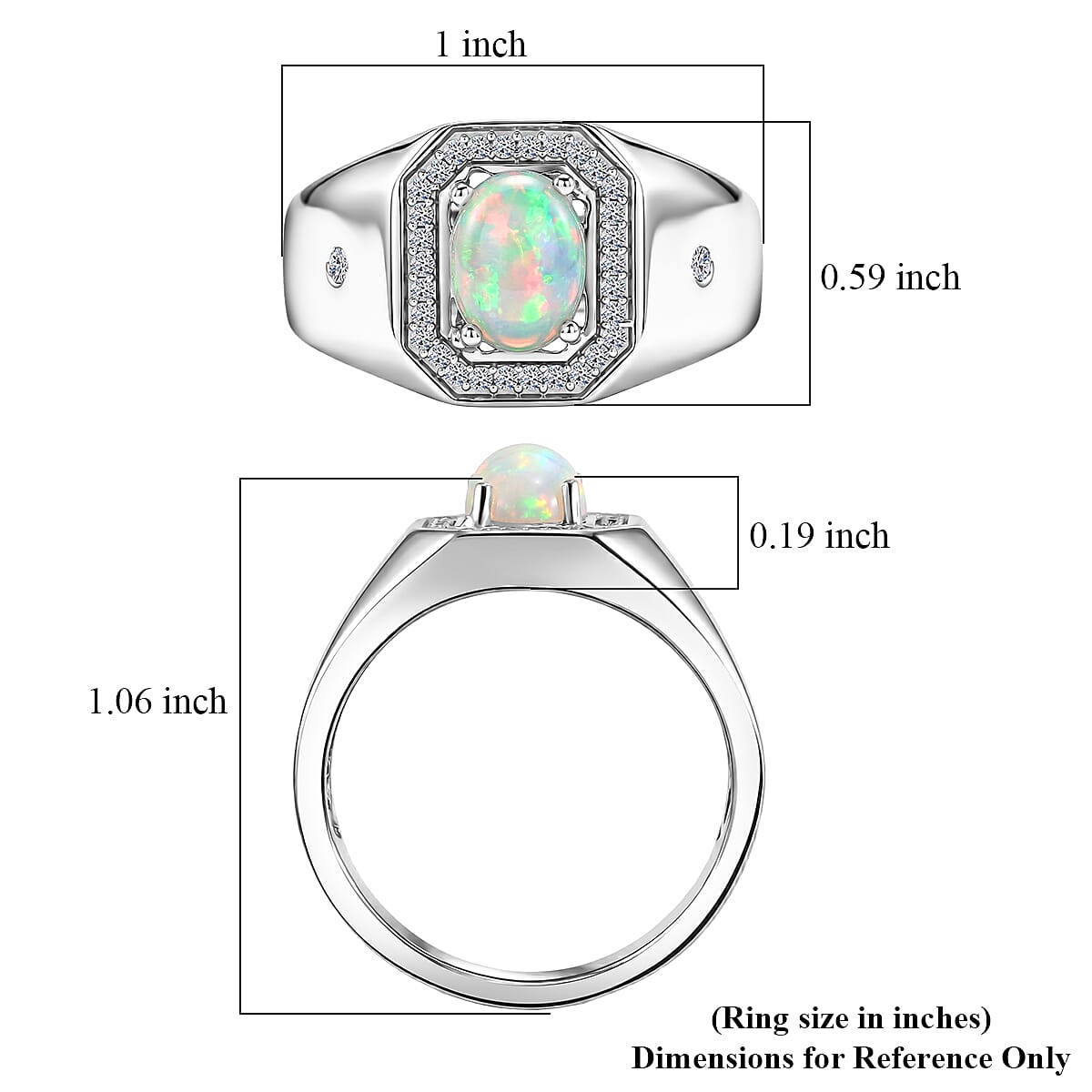 Premium Ethiopian Welo Opal and Luxuriant Lab Grown Diamond G-H SI 1.00 ctw Men's Ring in Rhodium Over Sterling Silver (Size 9.0)