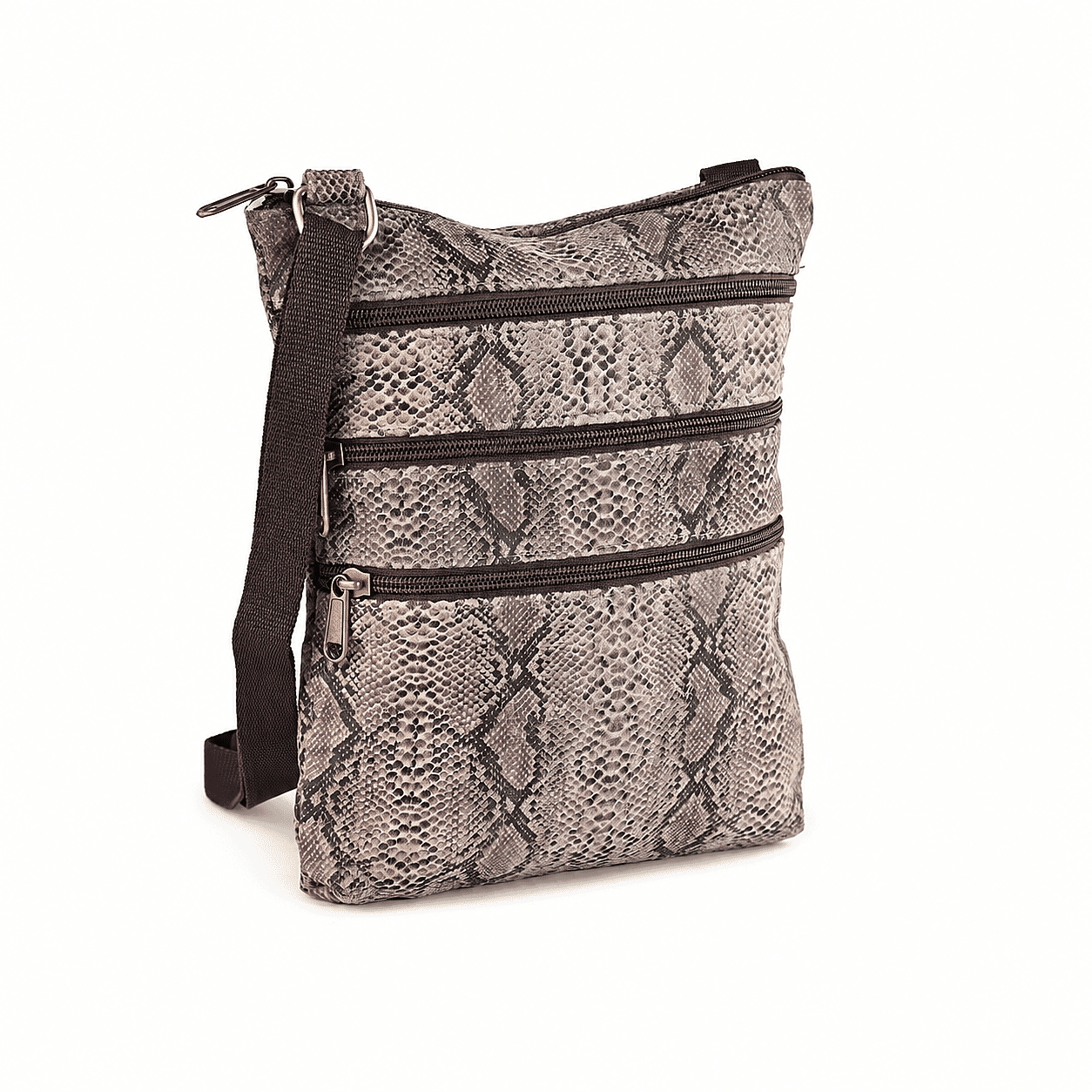 La Marey Dark Brown Cobra Foil Genuine Leather Patched Goat Suede Triple Zipper Crossbody Bag