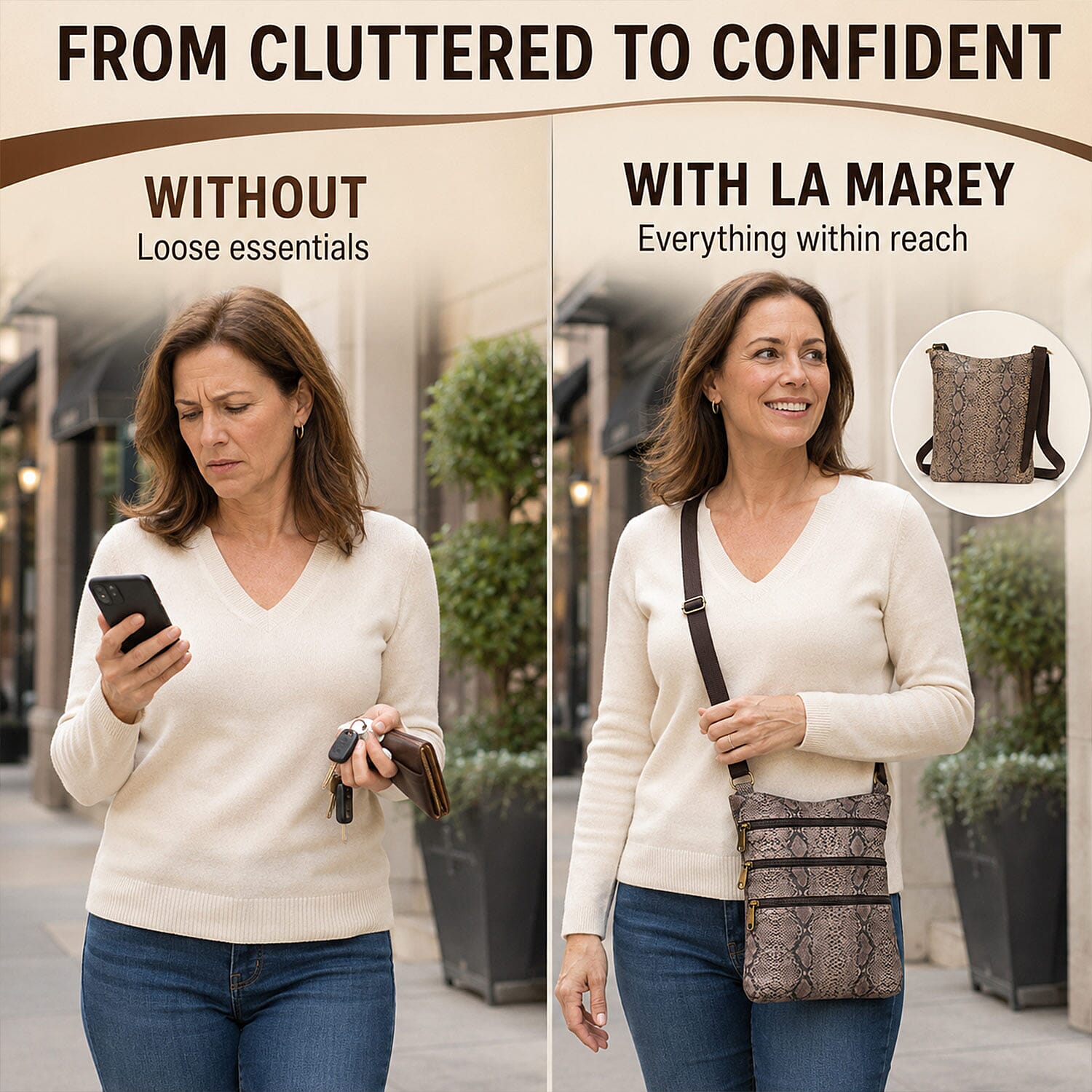 La Marey Dark Brown Cobra Foil Genuine Leather Patched Goat Suede Triple Zipper Crossbody Bag