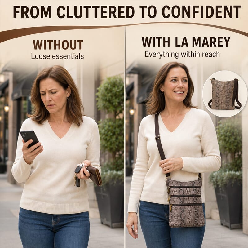 La Marey Dark Brown Cobra Foil Genuine Leather Patched Goat Suede Triple Zipper Crossbody Bag