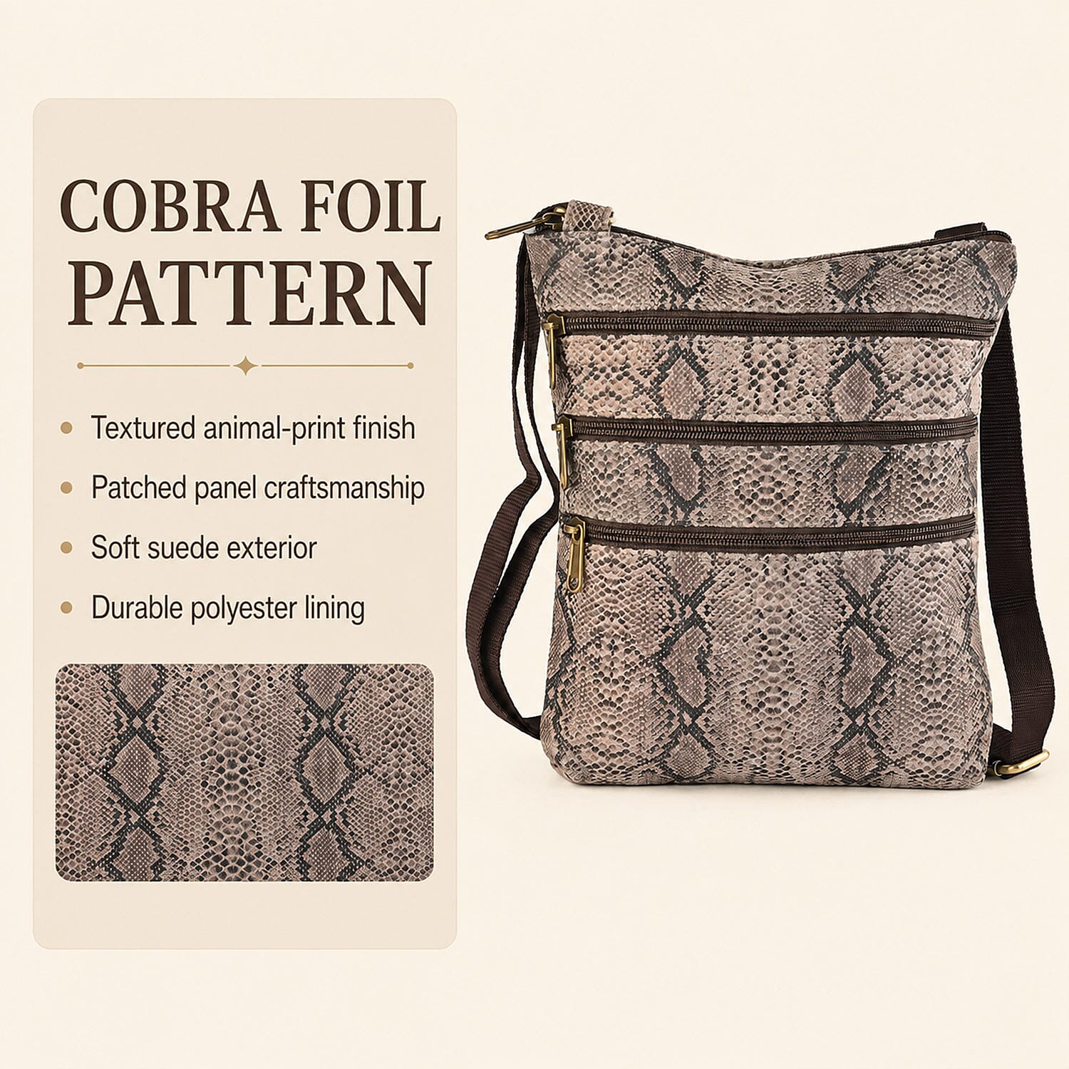 La Marey Dark Brown Cobra Foil Genuine Leather Patched Goat Suede Triple Zipper Crossbody Bag