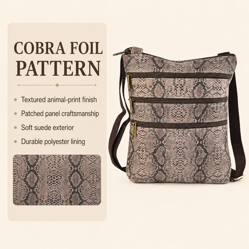 La Marey Dark Brown Cobra Foil Genuine Leather Patched Goat Suede Triple Zipper Crossbody Bag