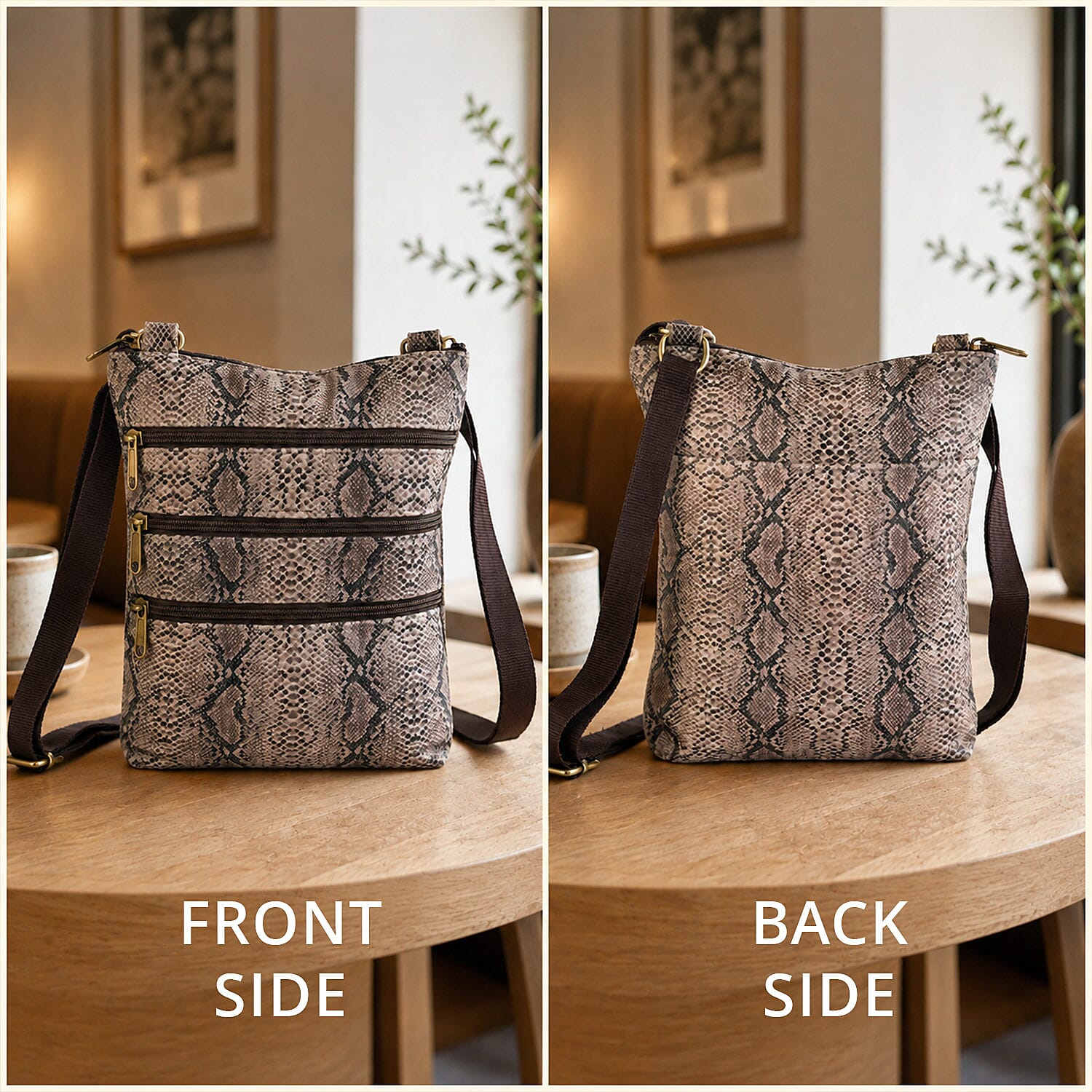 La Marey Dark Brown Cobra Foil Genuine Leather Patched Goat Suede Triple Zipper Crossbody Bag