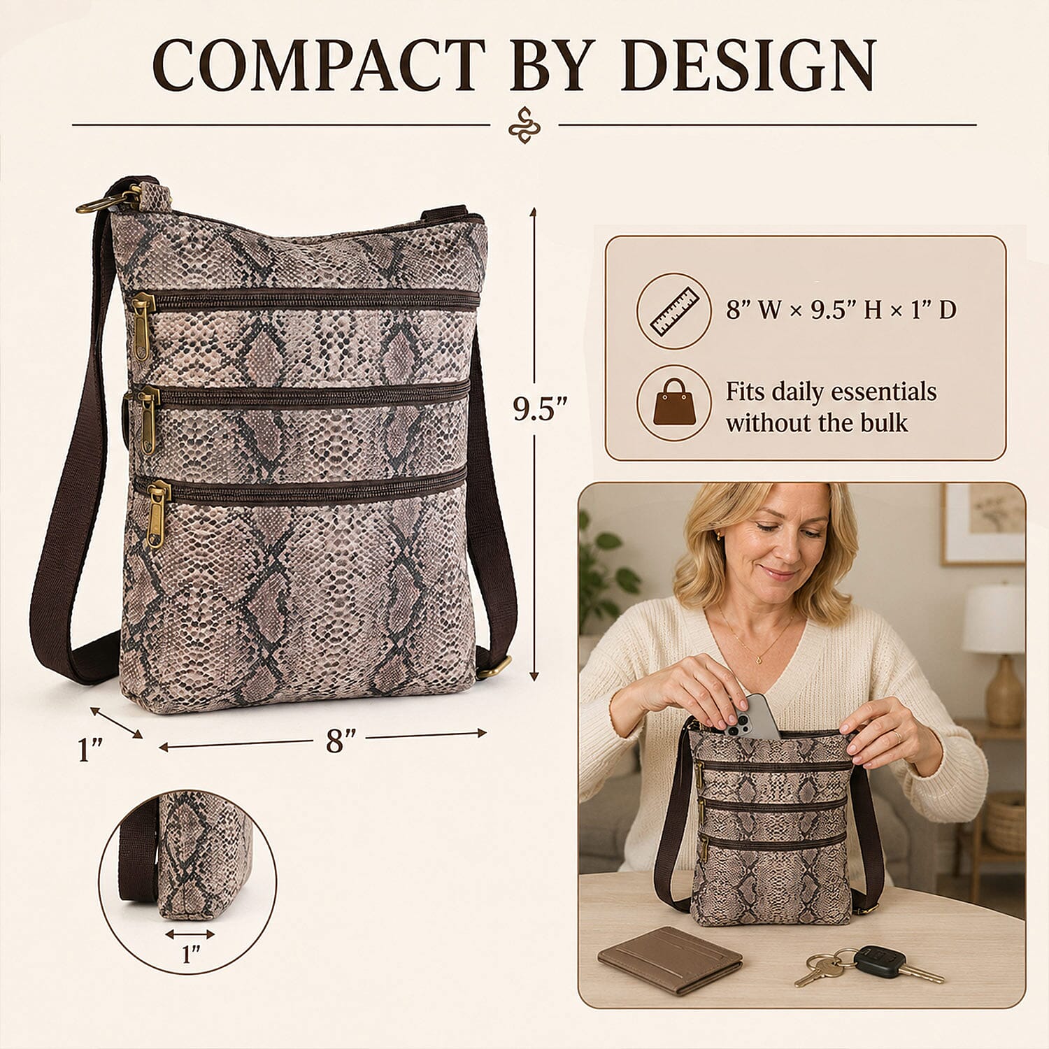 La Marey Dark Brown Cobra Foil Genuine Leather Patched Goat Suede Triple Zipper Crossbody Bag
