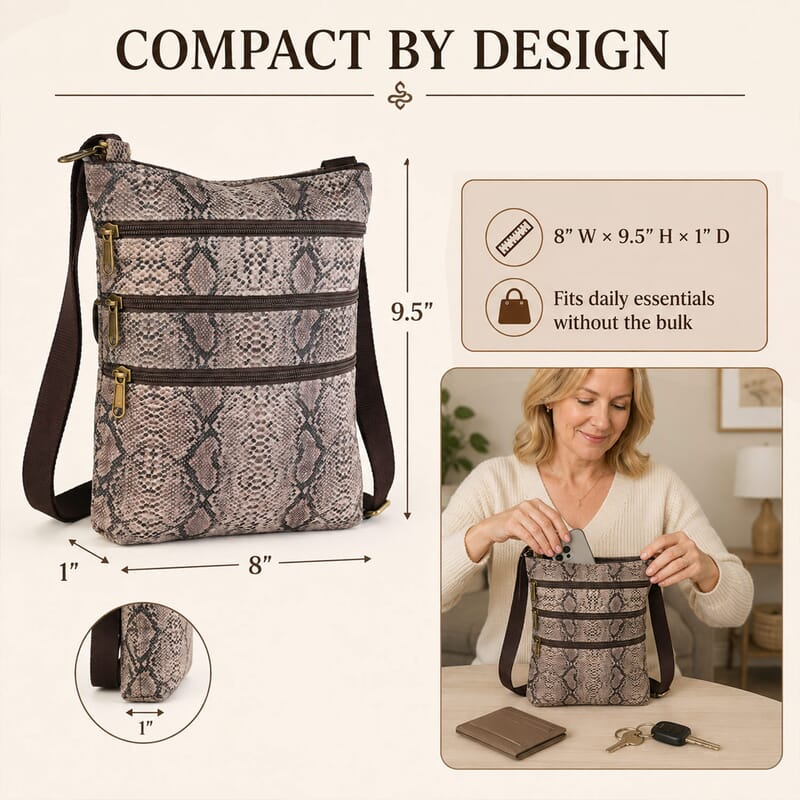 La Marey Dark Brown Cobra Foil Genuine Leather Patched Goat Suede Triple Zipper Crossbody Bag