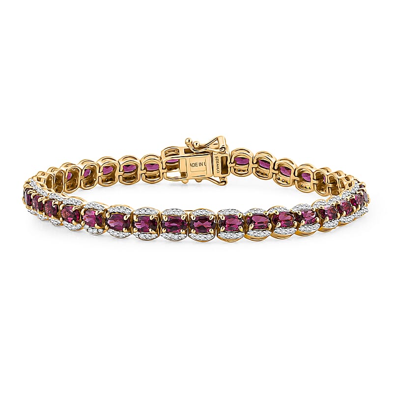 D'Joy Premium Malawi Magenta Garnet and Moissanite 10.35 ctw Midnight Line Bracelet in 18K Vermeil Yellow Gold Over Sterling Silver (6.50 In)