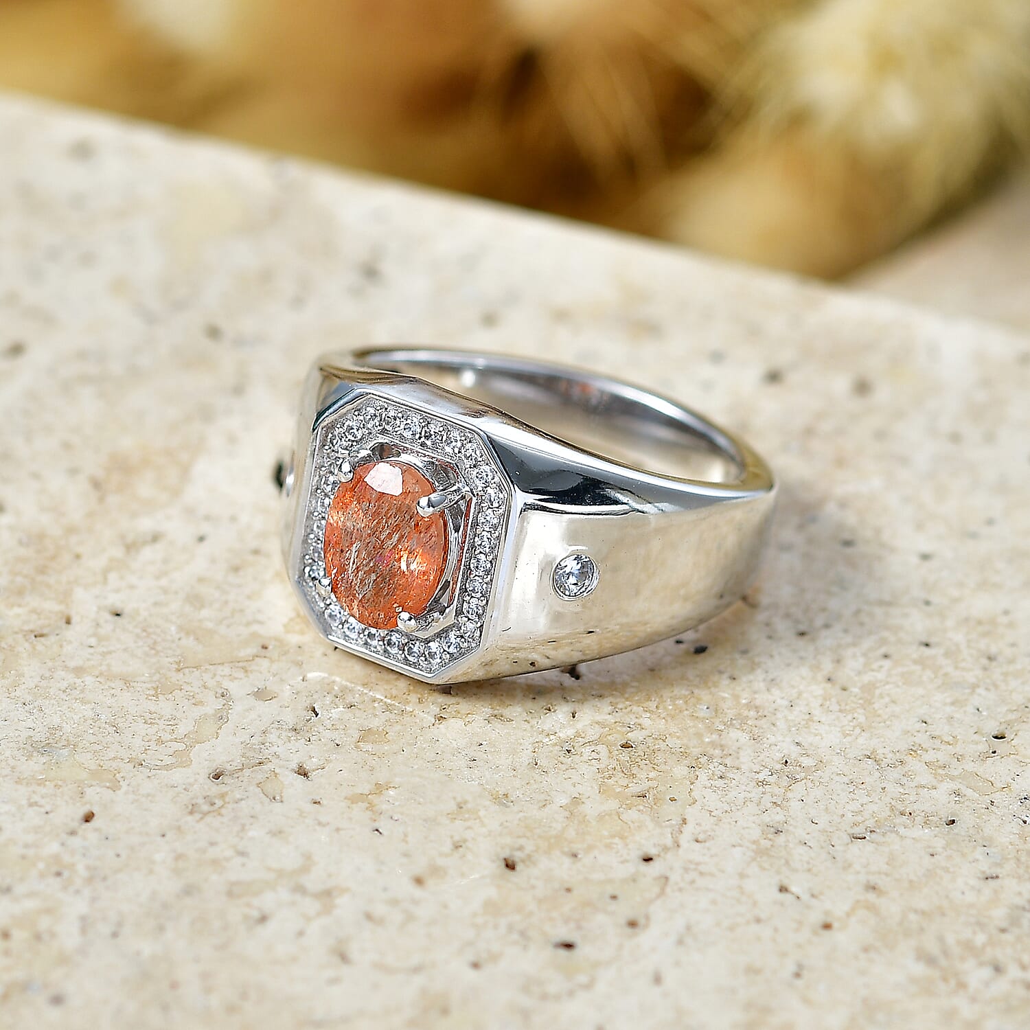 EverTrue Tanzanian Sunstone and White Zircon 1.40 ctw Men's Ring in Platinum Bond (Size 9.0)