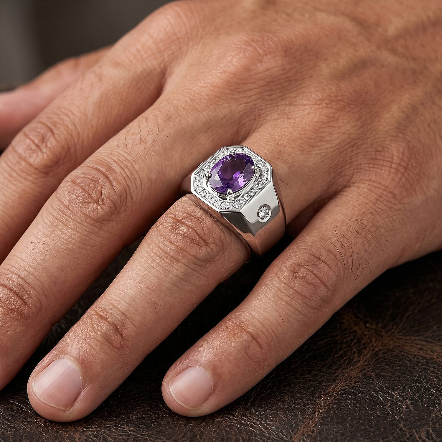 EverTrue Rose De Morocco and White Zircon 1.50 ctw Men's Ring in Platinum Bond (Size 11.0)